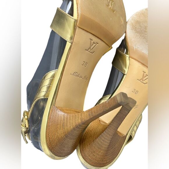 Rare Louis Vuitton Gold Slingback Sandals w/3.5” Stacked Wood Heel Size 38/US 7 - Picture 11 of 15